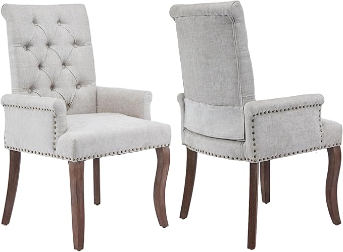 Upholstered Tufted Chenille Dining Chairs with Arms & Nailhead Trim – Solid Wood Frame & Legs, Modern Farmhouse for Dining, Kitchen & Living Room (Set of 2, Beige)