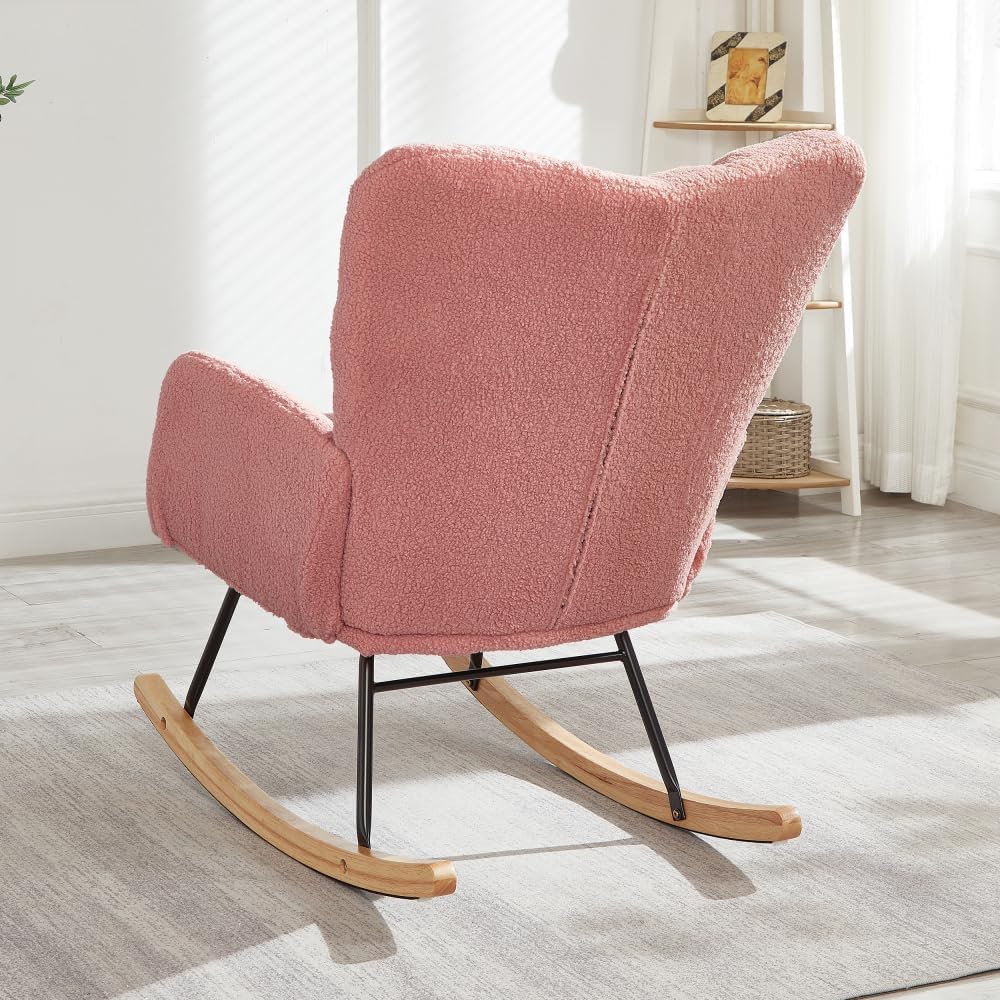 Tufted Upholstered Teddy Fabric Glider Rocking Chair with Metal Frame, Ergono...