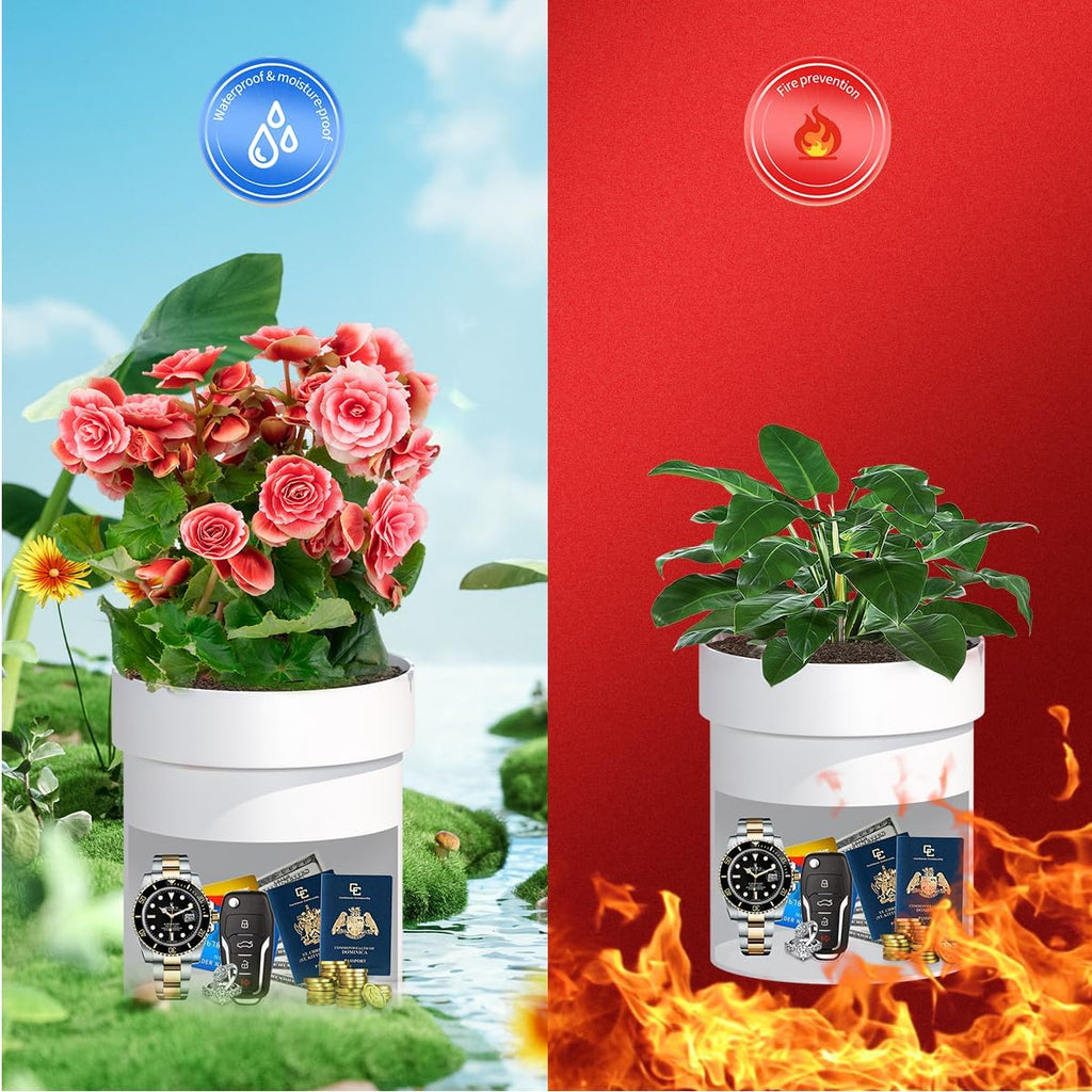 Sdstone Fireresistant Waterproof Flower Pot Diversion Safe with Key Lock,Stainless Steel Secret Hidden Safe,Perfect for Hiding The Valuables Inside Flower Pot False Bottom(White)