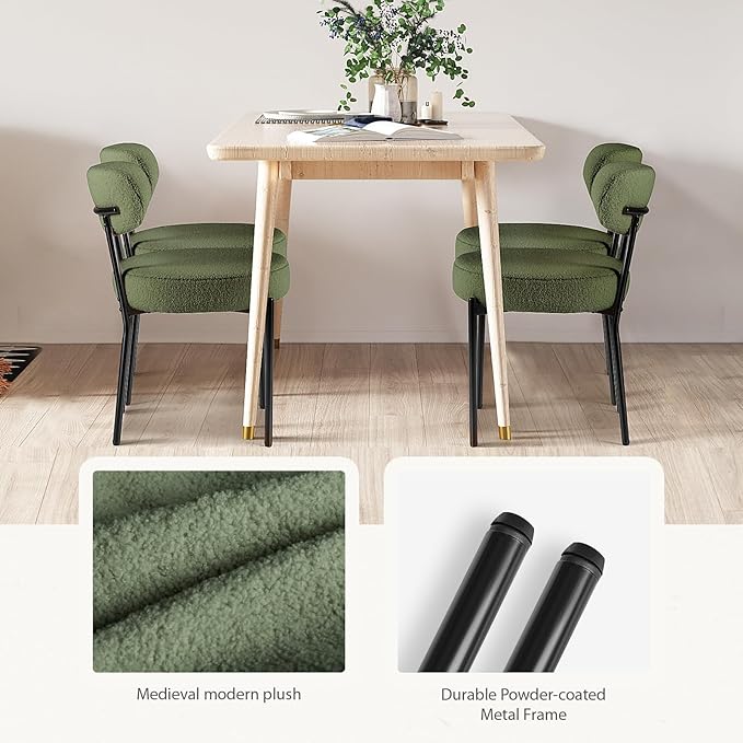 DUMOS Dining Chairs Set of 6, Mid Century Modern Chair Round Upholstered Curved Backrest, Kitchen Vanity Living Room Chairs with Black Metal Legs, Green