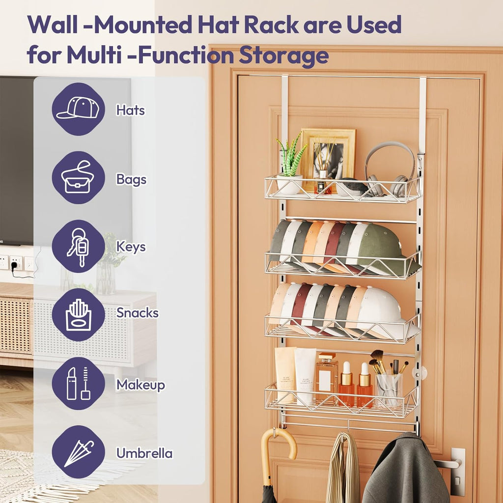 SWTYMIKI Over Door Hat Organizer - 5 Tier Wall Mounted Hat Rack with 4 Adjustable Metal Basket Heights Design and 3 Hooks, Baseball Cap Organizer Storage Holds up to 49 Caps for Door, Bedroom, Closet
