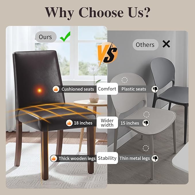 Dining Chairs Set of 2, Modern Dining Room Chairs with Wooden Legs, Faux Leather Upholstered Kitchen Farmhouse Parsons Chairs for Restaurant & Cafe- Dark Brown