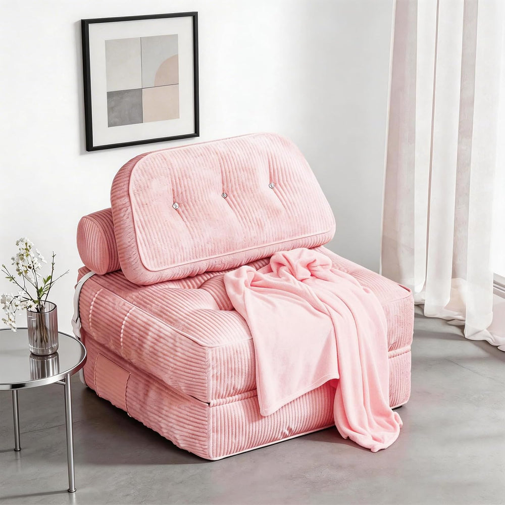 Folding Sofa Bed, Flannel Futon Couch Bed with Pillow and Blanket, Convertibl...
