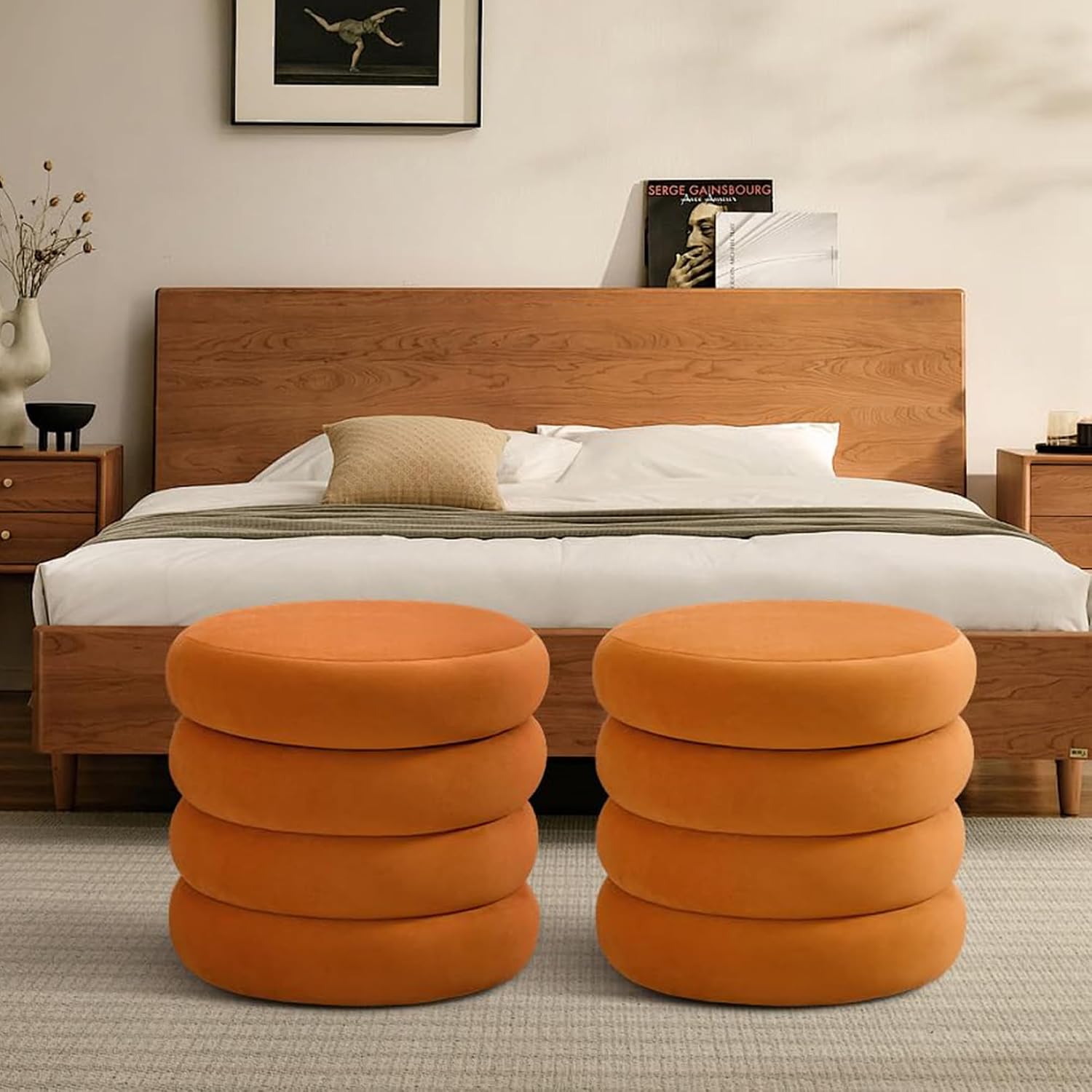 ONEVOG Round Storage Ottoman, 20" Small Ottomans Table with Removable Lid, Velvet Fabric Soft Footrest Stool for Couch, Upholstered Stuffed Circle Seat for Living Room/Bedroom/Dorm/Vanity, Orange