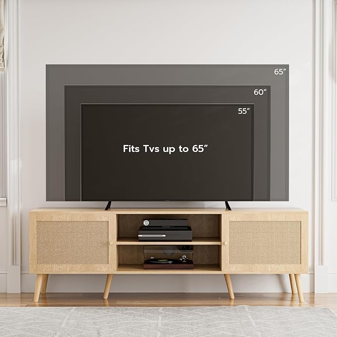 TV Stand for TVs up to 65'', Entertainment Center With Rattan Door, S...