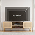 TV Stand for TVs up to 65'', Entertainment Center With Rattan Door, Shelves & 2 Cabinets, Long Boho Media Console for Living Room, Natural