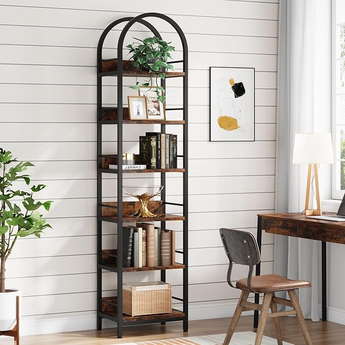 LITTLE TREE 78.7 Inches Tall Arched Bookshelf, 6 Tiers Skinny Open Bookcase w...