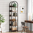 LITTLE TREE 78.7 Inches Tall Arched Bookshelf, 6 Tiers Skinny Open Bookcase with Metal Frame, Freestanding Corner Display Shelves Rack for Living Room, Home Office, Brown