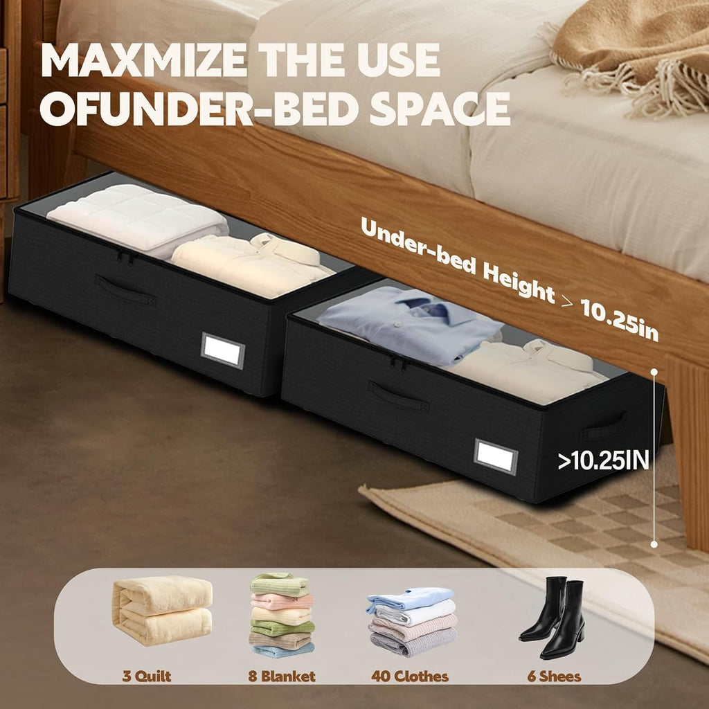 Under Bed Storage with Wheels, 2-Pack Under Bed Storage Containers with Clear Lids, No Assemble Required 10 inches Height, Rolling Underbed Storage Drawers Bins for Shoes, Clothes, Blankets, Toys