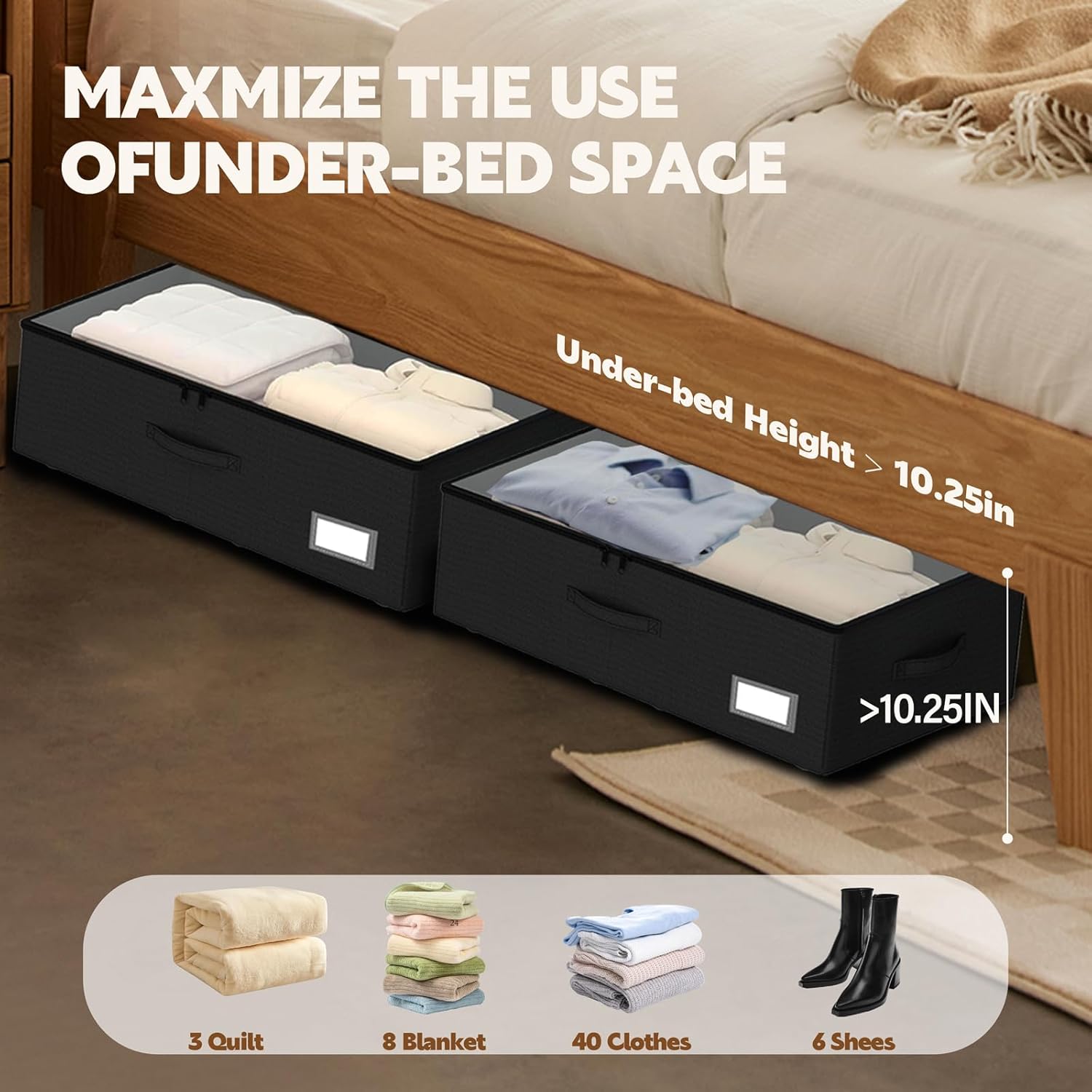 Under Bed Storage with Wheels, 2-Pack Under Bed Storage Containers with Clear Lids, No Assemble Required 10 inches Height, Rolling Underbed Storage Drawers Bins for Shoes, Clothes, Blankets, Toys