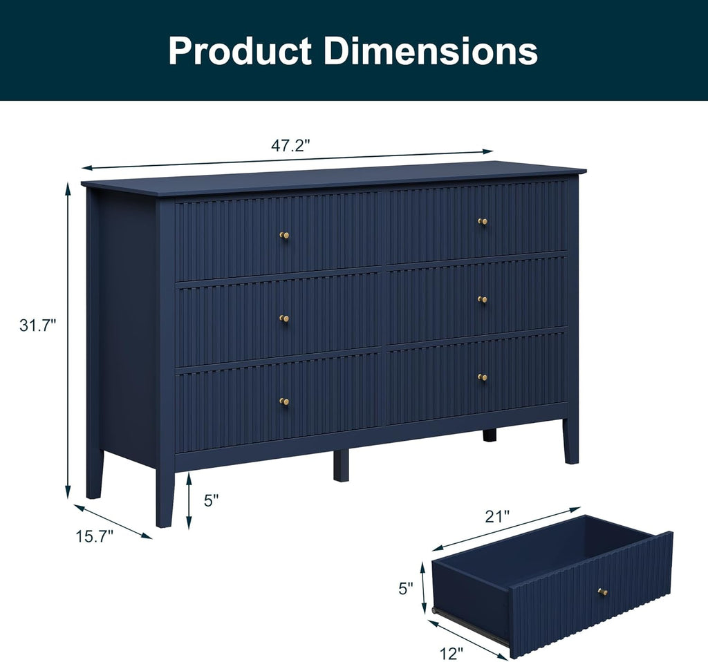 RoyalCraft 6 Drawer Dresser, Fluted Modern Wood Chest of Drawers, Long Dresser for Bedroom TV Stand Storage Cabinet for Living Room, Blue