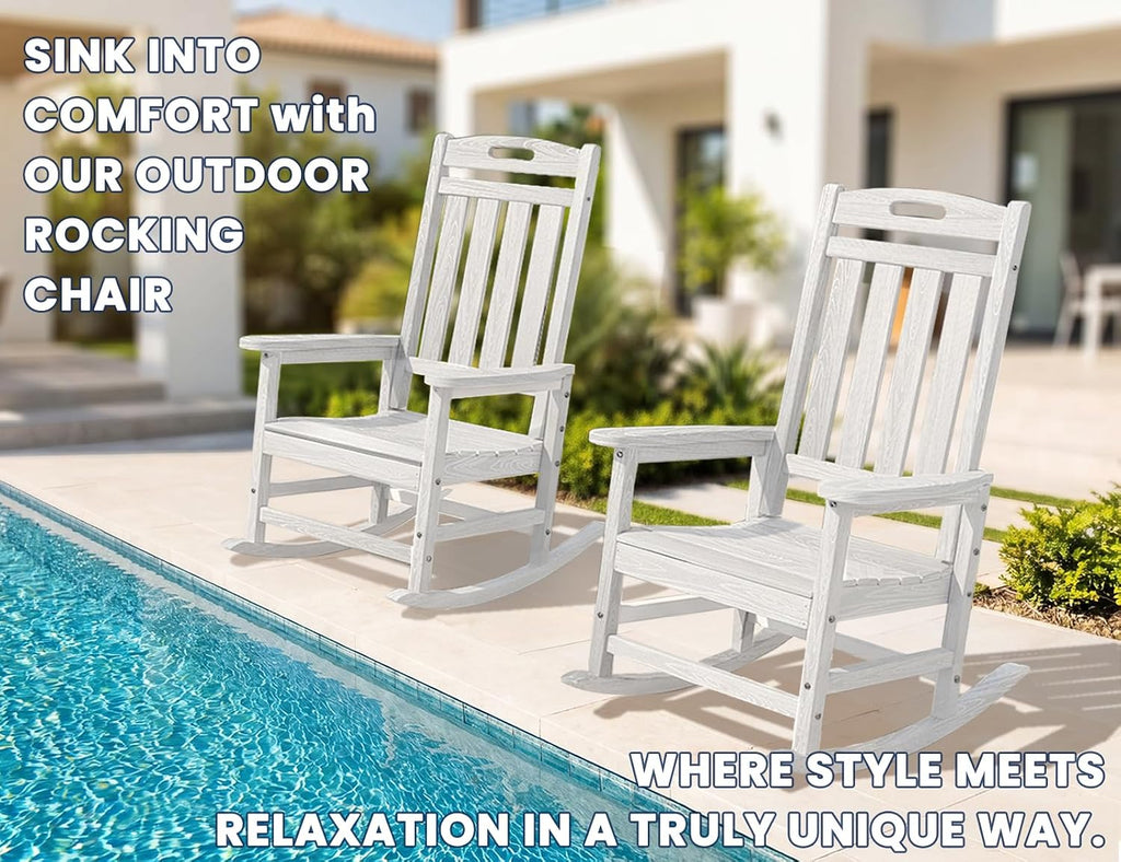Outdoor Rocking Chair, High Back HDPE Patio Chair, All Weather Rocker Porch Chair, Lawn Chair for Deck, Porch, Backyard, Garden and Indoor, White