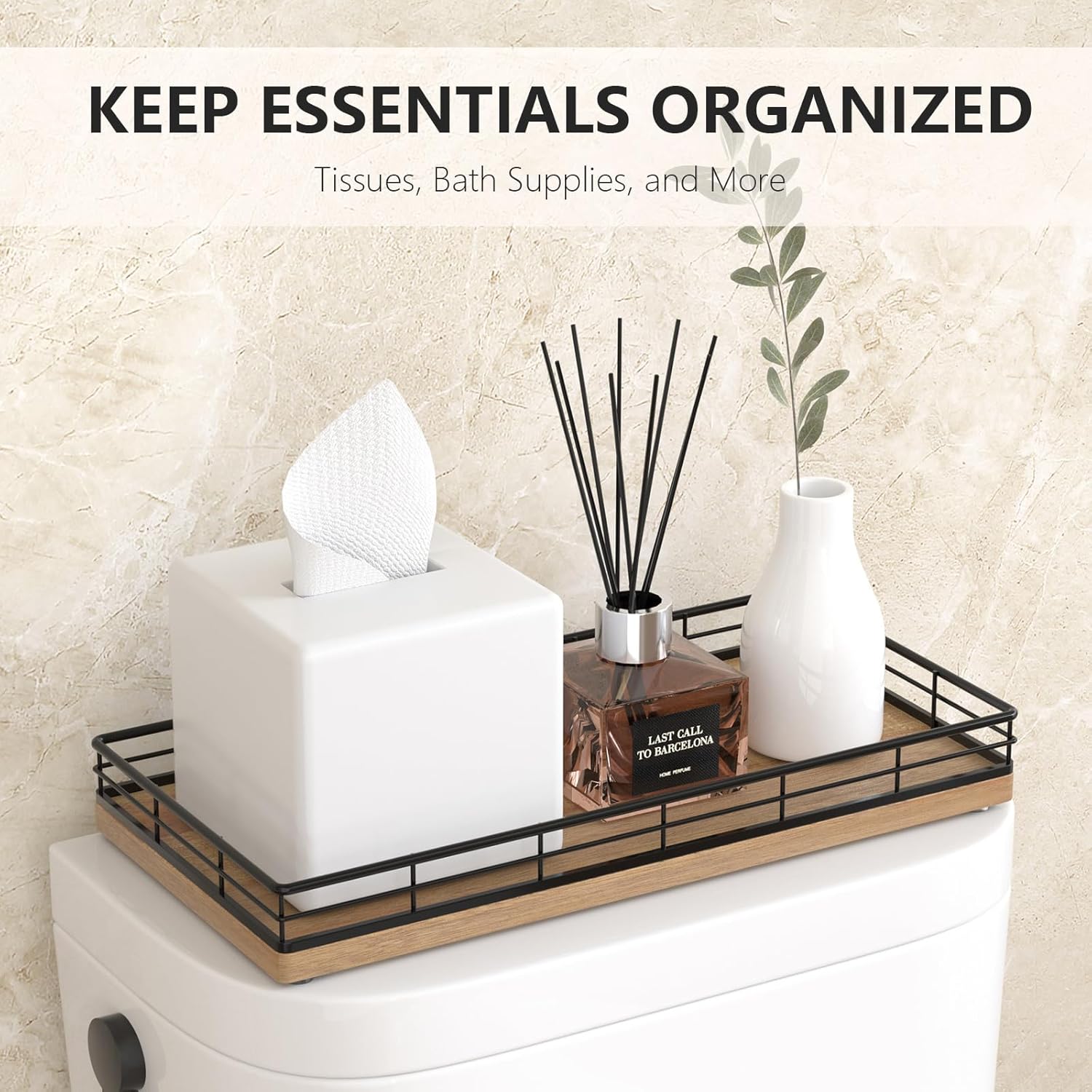 Toilet Paper Basket Organizer – Acacia Wood Toilet Tank Tray with Metal Frame, Back of Tank or Top Bathroom Counter Storage – Black & Acacia Modern Decor