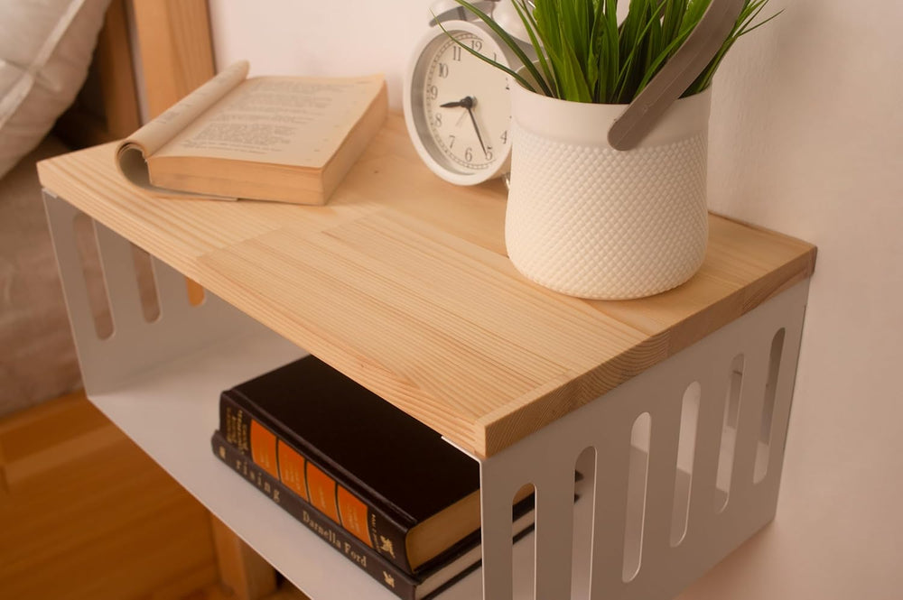 Floating Nightstand with White Metal Base, Wooden Top and Sturdy Metal Base, ...