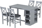 Merax 5 Piece Solid Wood Farmhouse Counter Height Dining Table Set with 3-Tier Storage Shelves,and 4 Upholstered Dining Chairs,Gray