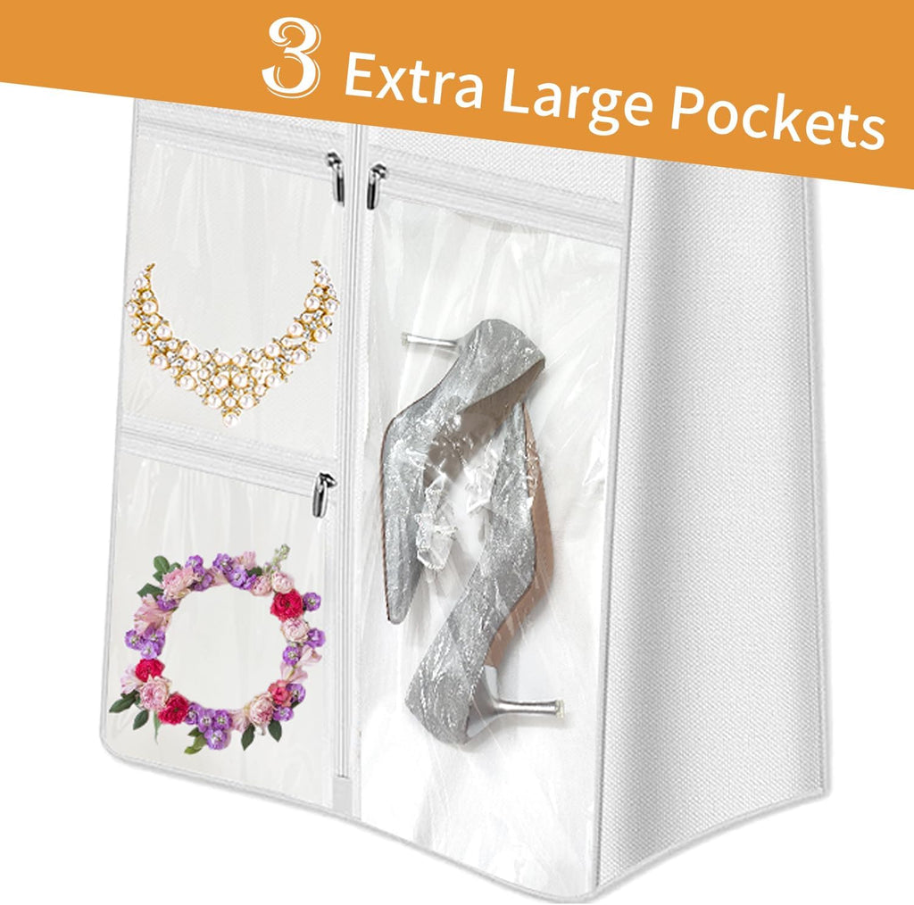 72" Wedding Dress Garment Bag with 10'' Gusseted Dress Bags for Gowns Long 4 Pockets Dress Cover for Women, White