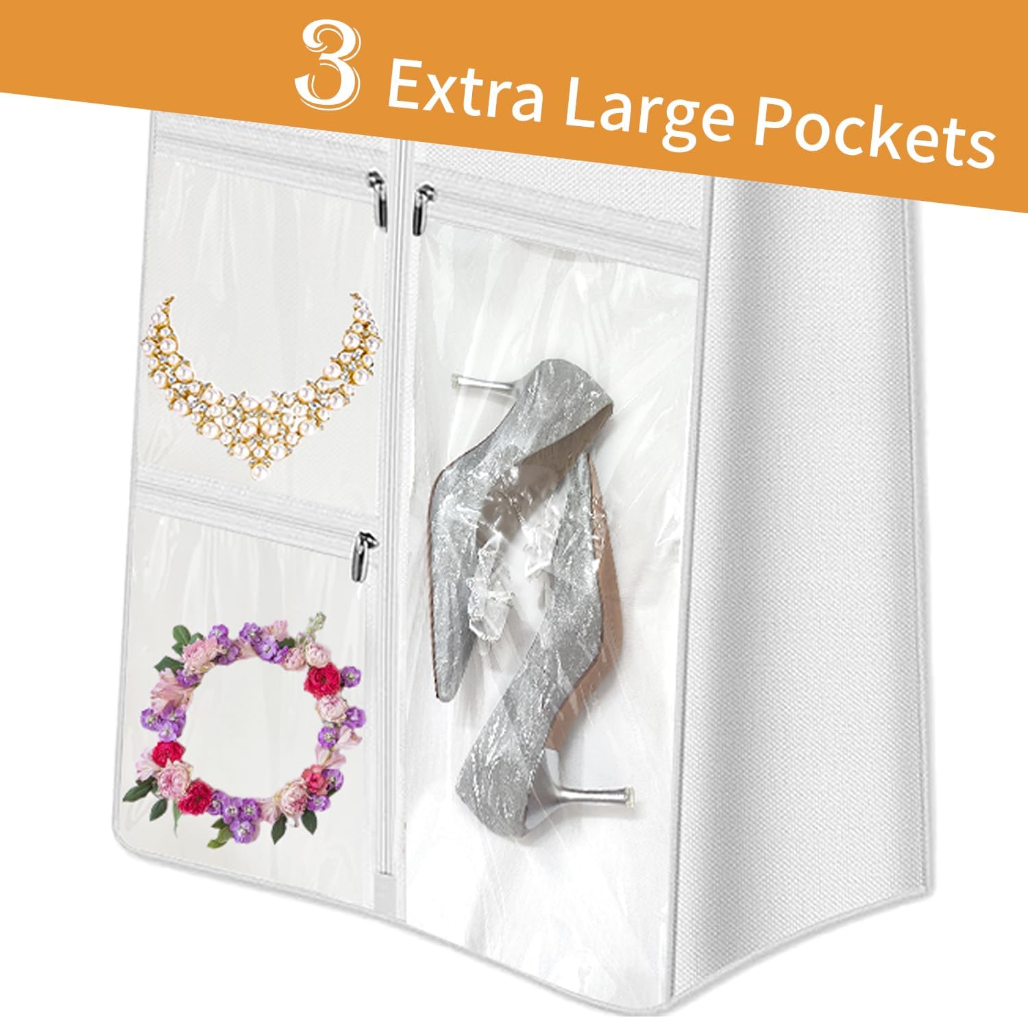72" Wedding Dress Garment Bag with 10'' Gusseted Dress Bags for Gowns Long 4 Pockets Dress Cover for Women, White