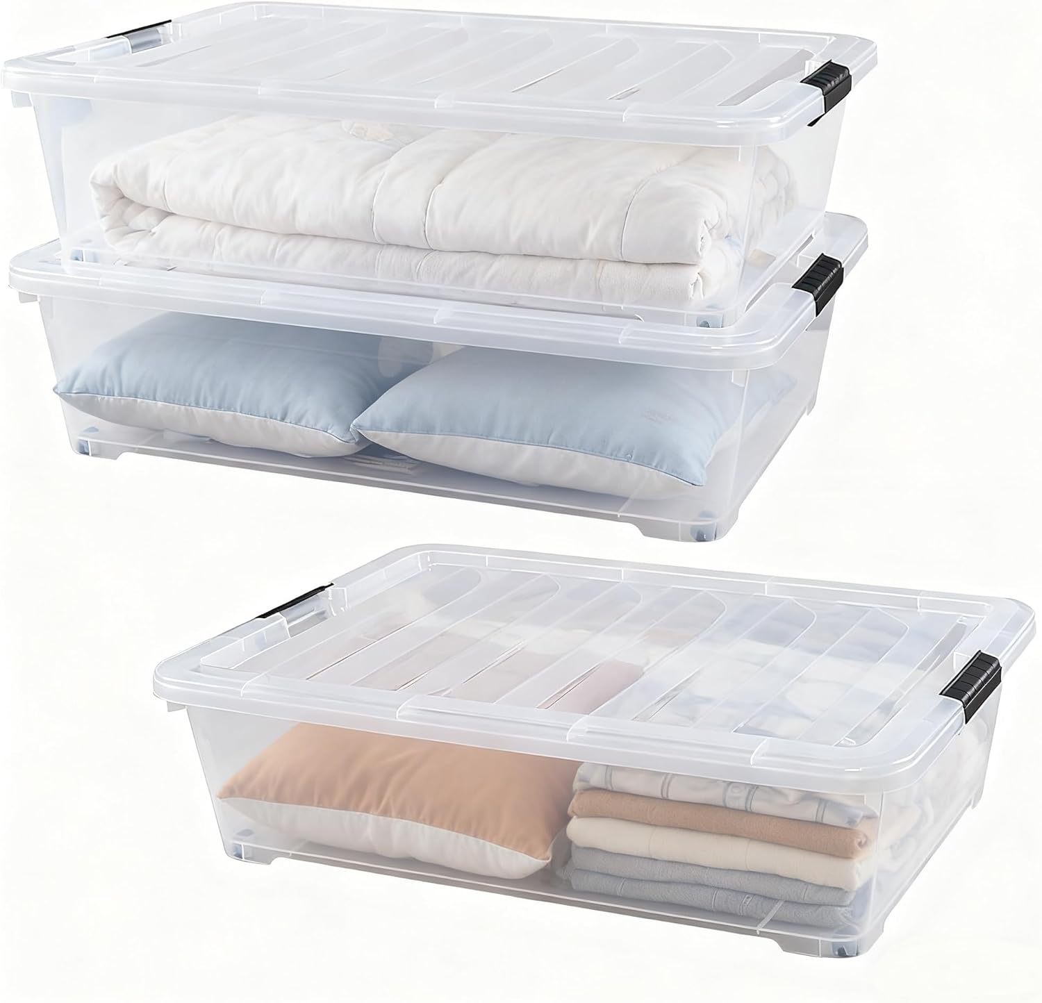 Zopnny 50 Quart Large Underbed Storage Bins with Lids, Plastic Under Bed Storage Containers, Clear, 3 Packs