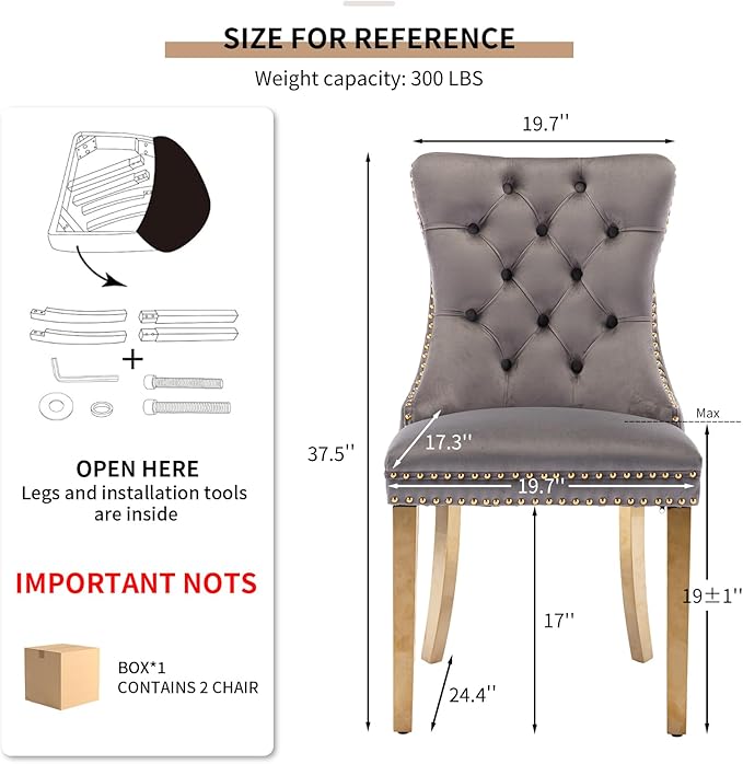 Mid Century Modern Dining Chairs Set of 2, Grey Velvet Upholstered Tufted Back, Kitchen & Dining Room Chairs, Gold Metal Legs, Nailhead Trim, Sillas para Comedor (Gray, 2 Pcs)
