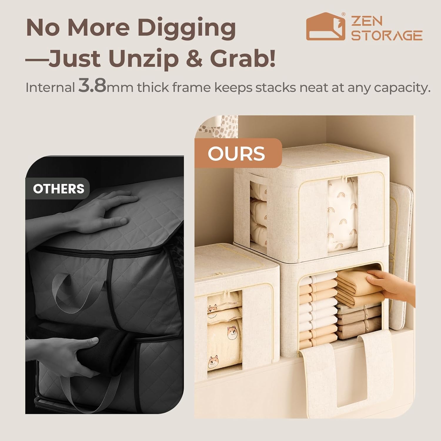 3Pack 60L Large Cloth Storage Bins with Metal Frame, Linen Storage Box with Clear Window, Stackable Sweater Storage for Closet, Clothes Containers for Comforters, Blankets, Quilts, T-shirt