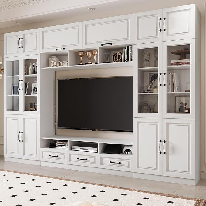 126" Entertainment Center Wall Unit with Glass Doors & Drawers, Large Wall Unit TV Stand for TVs up to 70", Media Console Table for Living Room, Can be Split into 4 Separate Cabinet, White