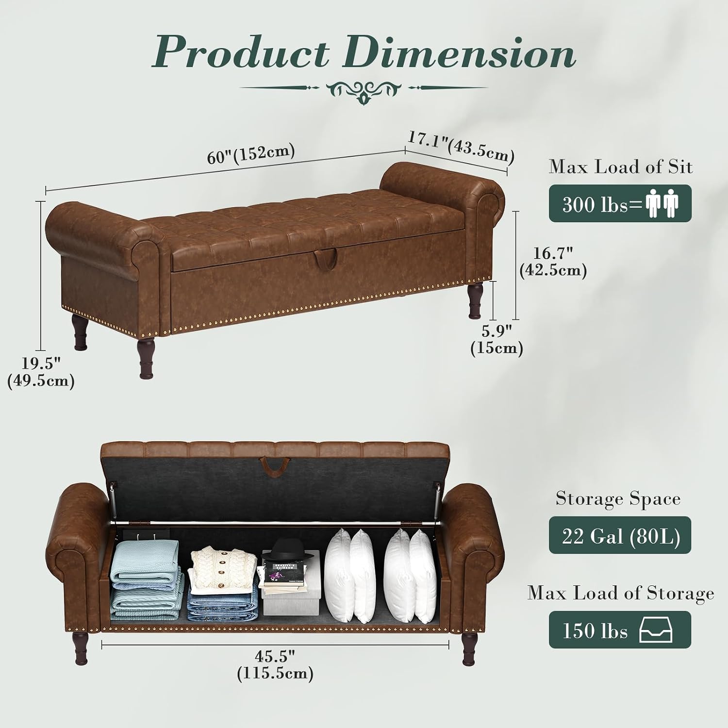 Apicizon 60” Bench with Storage, Upholstered Tufted Button Bedroom Bench with Storage, Faux Leather Ottoman Bench for Bedroom, Living Room, Entryway, Yellow Brown