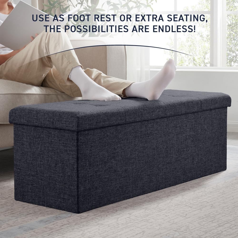Ornavo Home 43 Inch Folding Extra Large Storage Bench, Linen, Black | Upholst...
