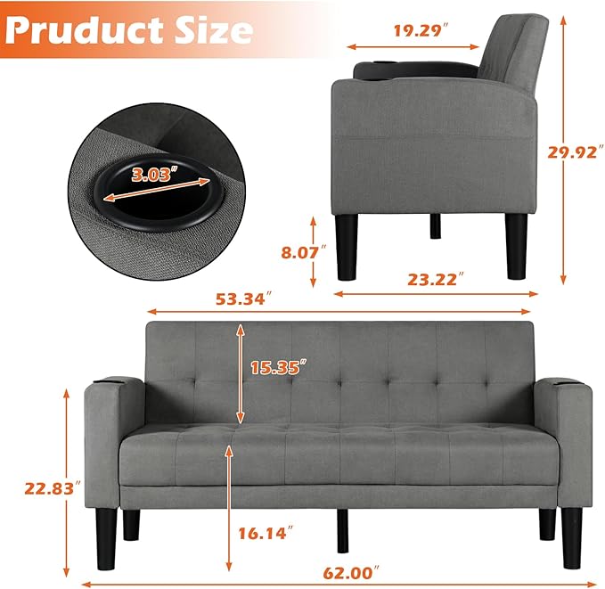 AILEEKISS 62" Loveseat Couches Upholstered Fabric Linen Love Seat Sofas Couch with 2 USB, Cup Holders, Side Pocket, Modern Tufted Sofa for Living Room, Office, Bedroom, Apartment (2-Seat, Dark Grey)