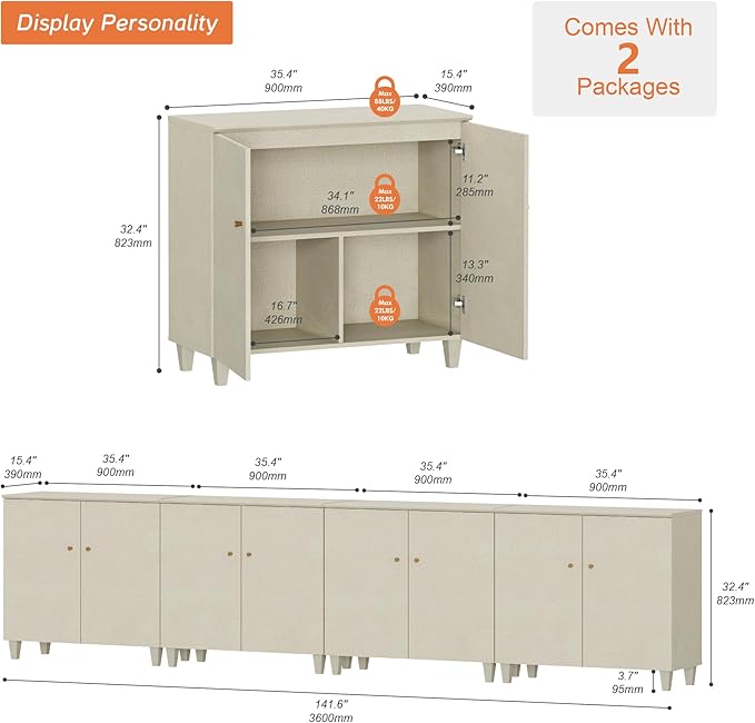 WAMPAT Modern TV Stands Entertainment Center for 100+ Inch TVs, 4-in-1 Beige Wood Television Stand with Doors, Extra Wide Media Console Tables with Storage Cabinets for Living Room, 141.6x15.3x32.4