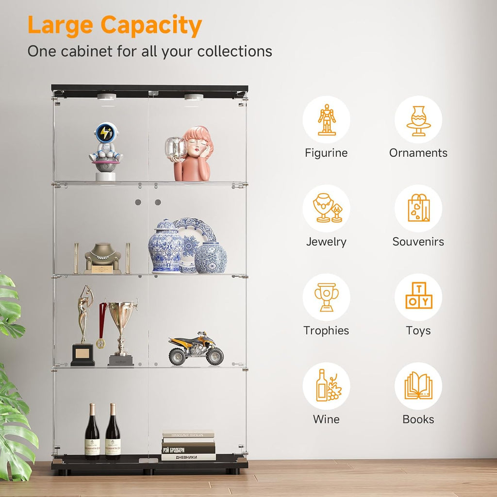 Tempered Glass Display Cabinet with Lights, 4-Tier Curio Cabinet with Glass Doors and Lock, Glass Display Case for Collectibles, for Living Room, Bedroom, Office, Black, Double Door
