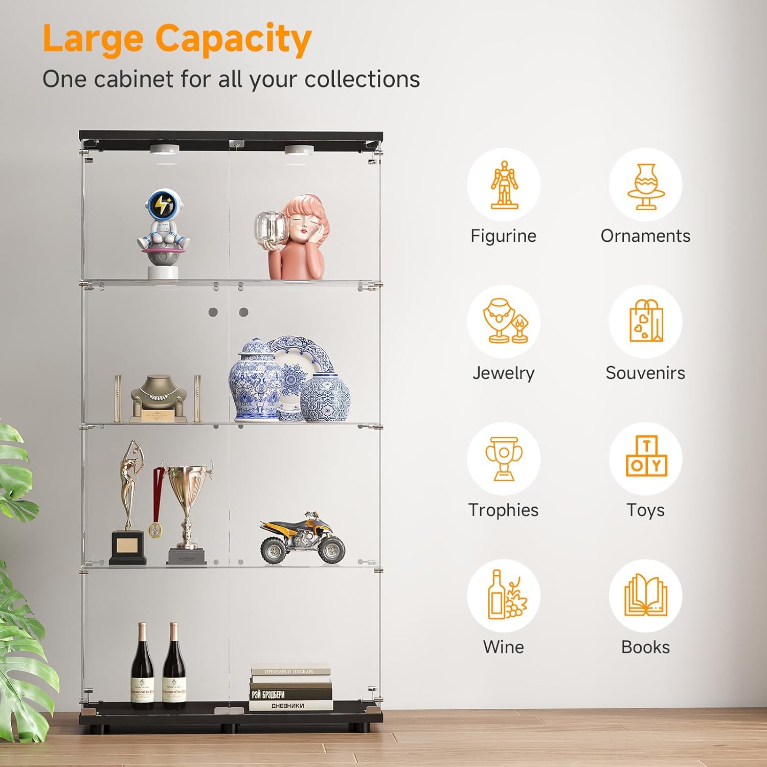 Tempered Glass Display Cabinet with Lights, 4-Tier Curio Cabinet with Glass Doors and Lock, Glass Display Case for Collectibles, for Living Room, Bedroom, Office, Black, Double Door