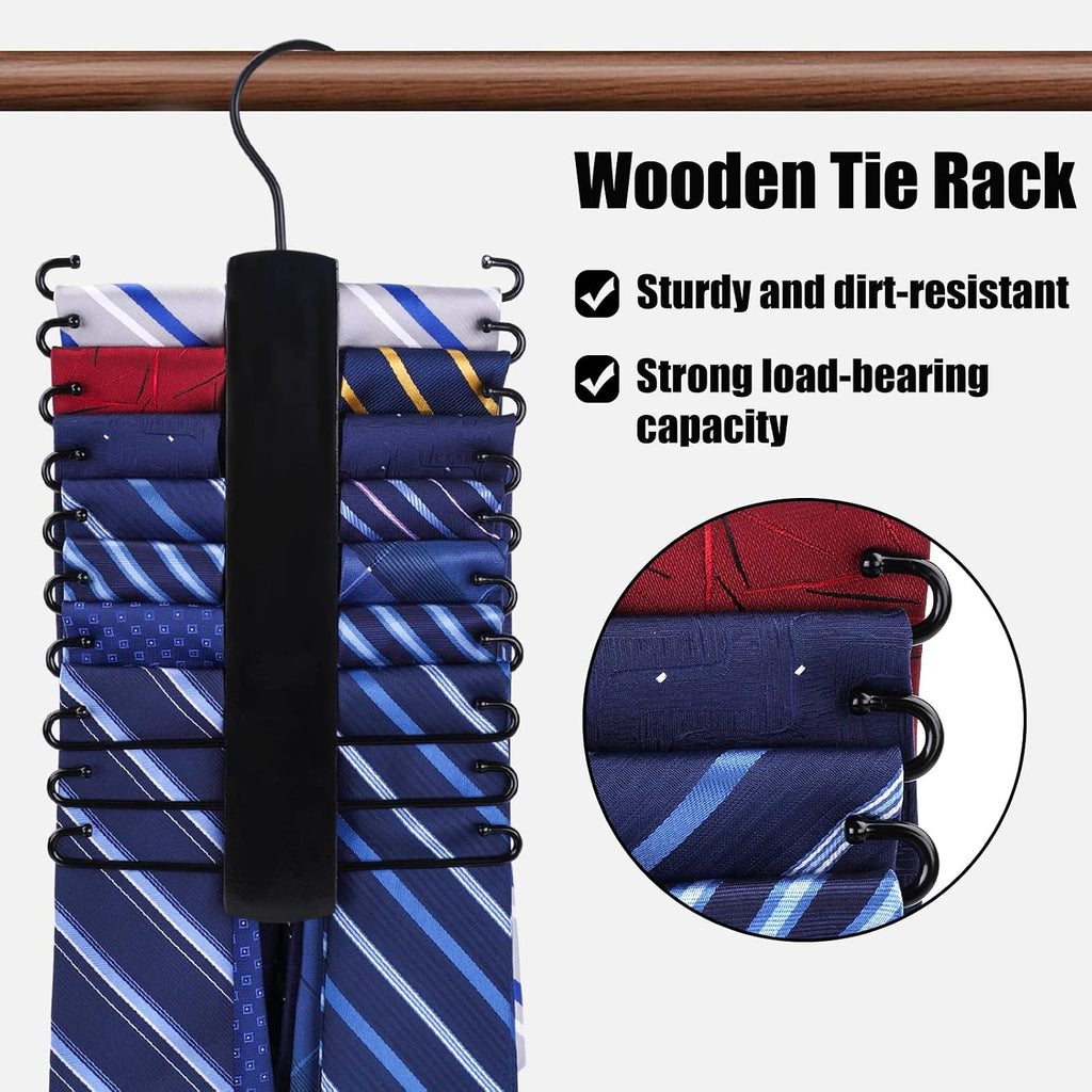 JOHOUSE Wooden Tie Rack, Tie Hanger Organizer for Men Closet 20 Hooks 360 Degree Rotating Hanging Space Saving Holder for Belt Scarf, Black