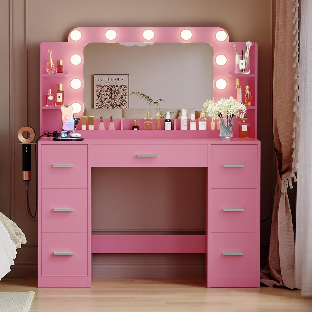 Furmax Vanity Desk with Hollywood Style Mirror with LED Lights, Makeup Table ...