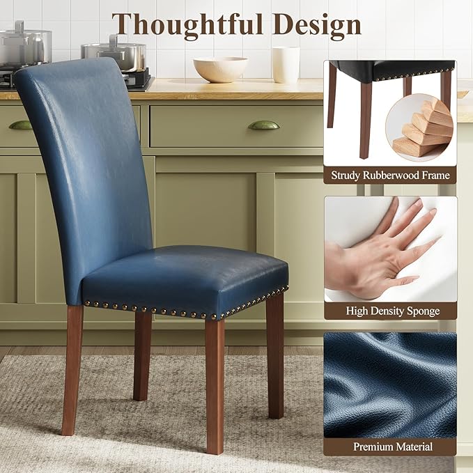 Stylish Dining Chairs Set of 6, Upholstered Parsons Dining Room Chair with Nailhead Trim, Kitchen Room Chair with Thick Cushions and Wood Legs, Nailhead Trim, Blue Leather