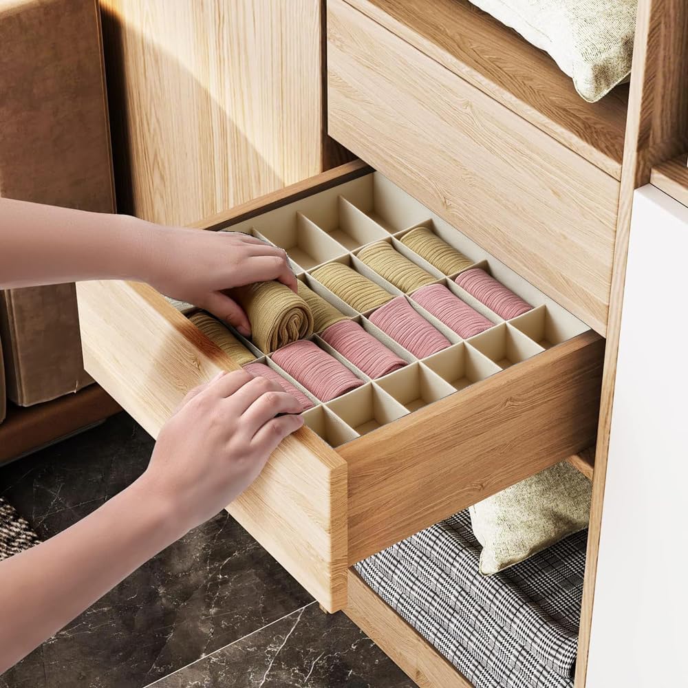 3 Pack Sock Underpants Drawer Organizer Dividers, 24 Cell Fabric Foldable Dresser Organizer for Closet Organizers and Storage Boxes for Organizing Socks, Underwear, Ties, Belts, Beige