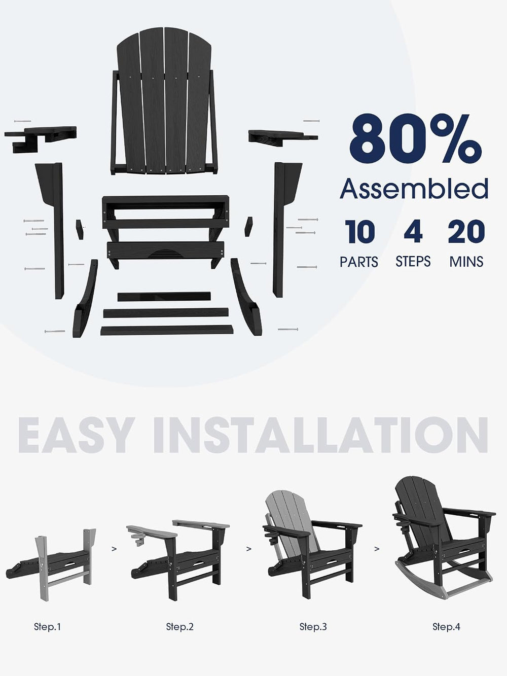 Adirondack Rocking Chair Set of 2 with Retractable Ottoman and Cup Holders, H...