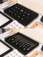 Coward Set of 5 Stackable Jewelry Organizer Tray Necklace Earring Box Storage Ring Bracelet Display Holder (Black(ring+necklace+earring+12grid))