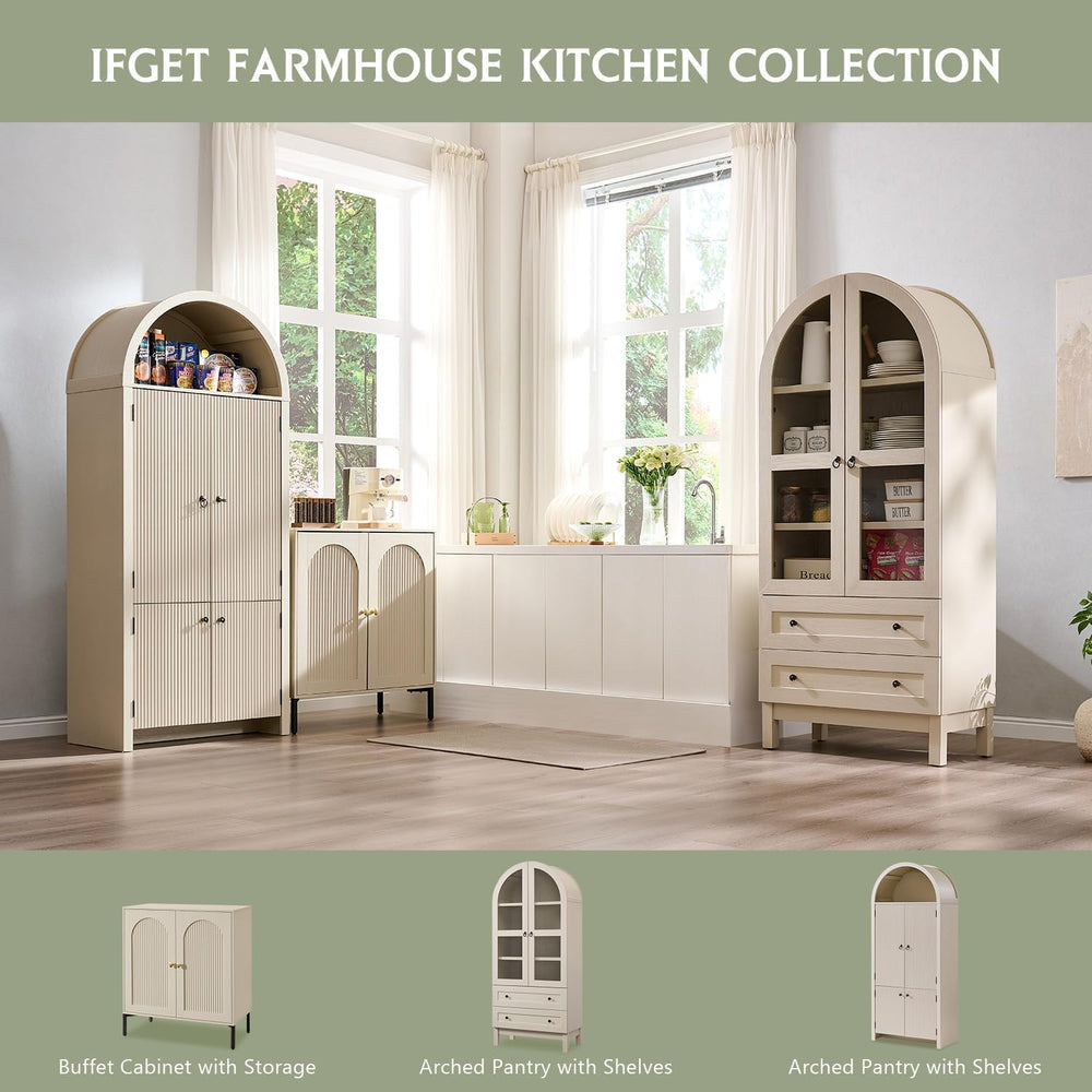 IFGET 71" Tall Arched Kitchen Pantry, Kitchens Storage Cabinets, Cream
