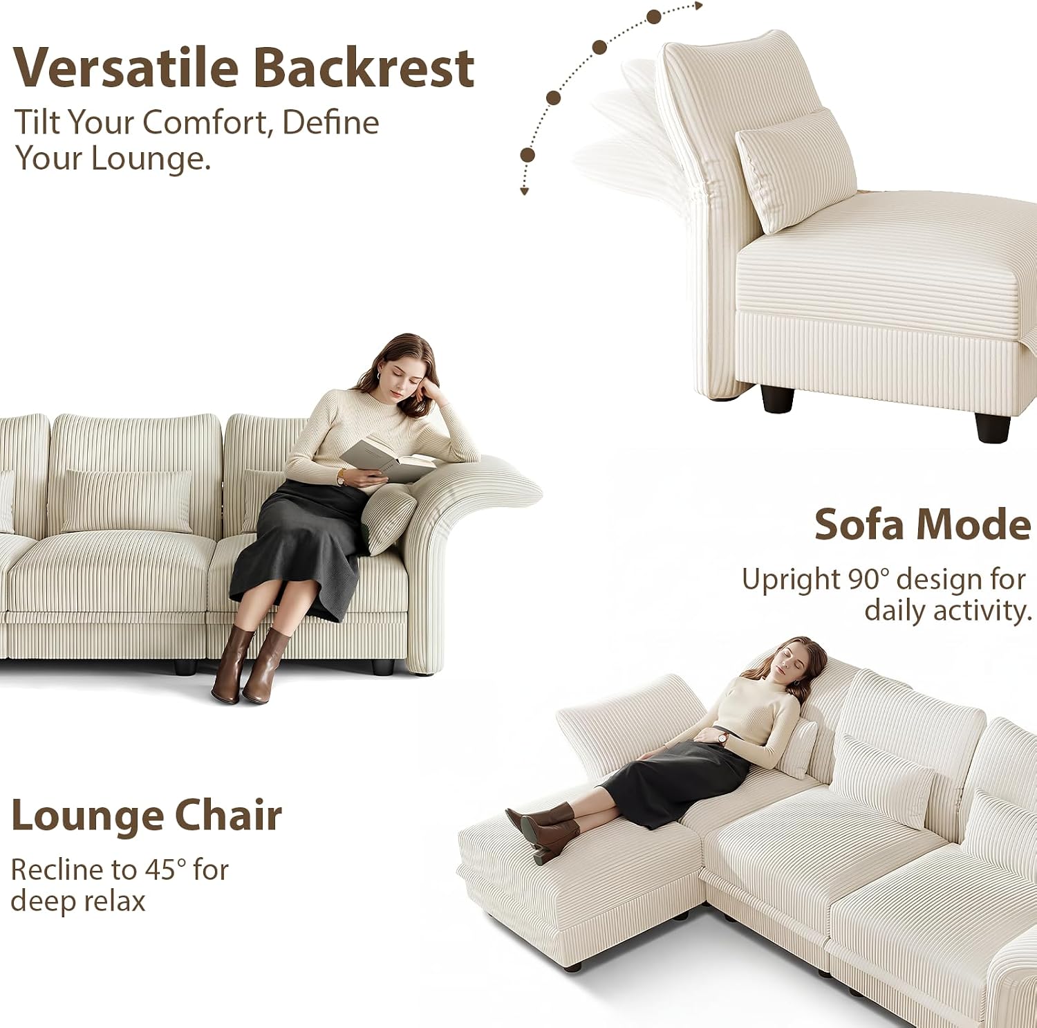 LLappuil L Shaped Curved Sectional Sofa with Storage & Extra Large Hexagon Seat, Beige Corduroy Modular Sectional Sofa for Living Room with Adjustable Arms & Backs, 6 Seat