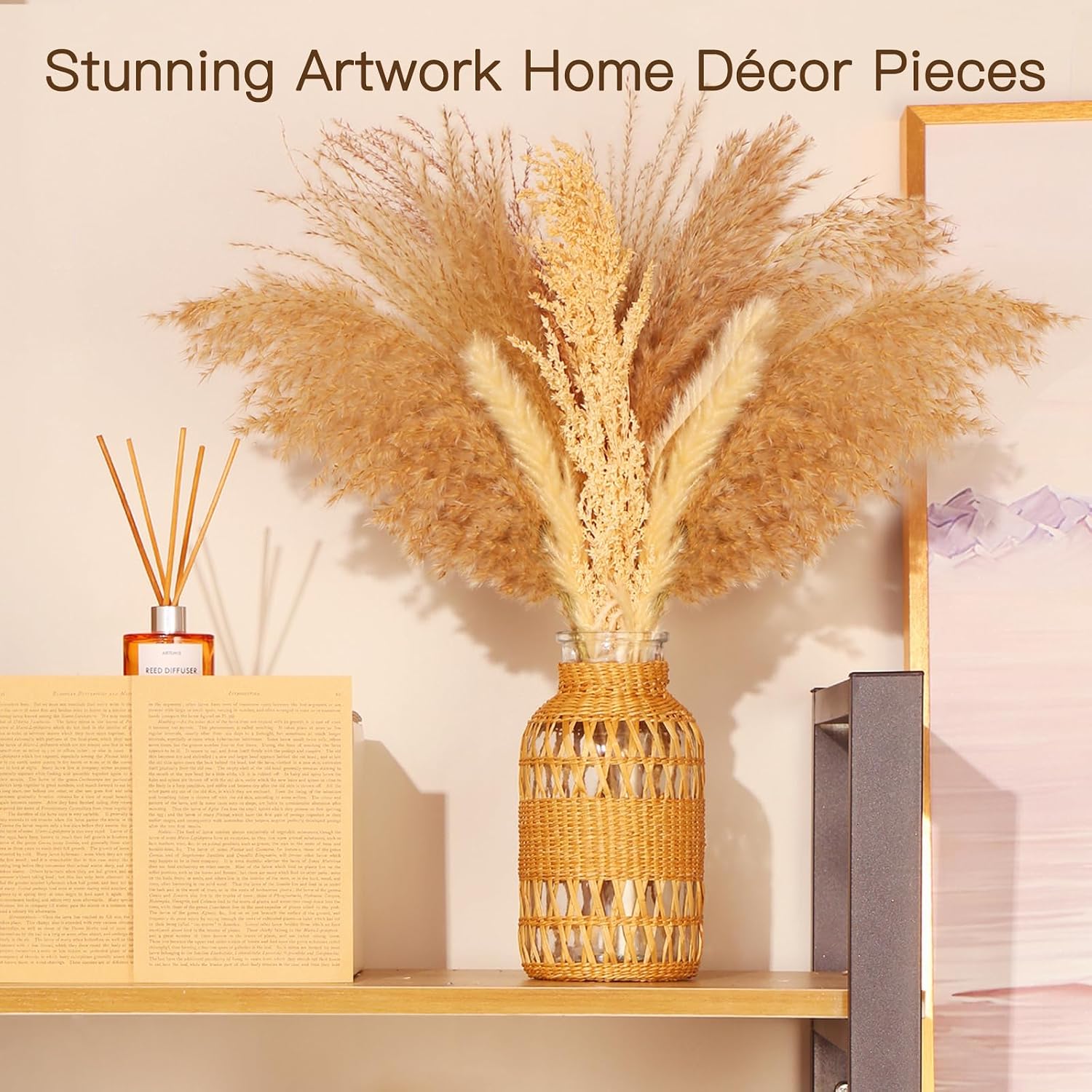 ZENS Rattan Boho Vase, Hand Woven Wicker Cover Glass Flower Vases for Pampas Grass, Artistic Boho Style Country Vase for Fall Flower Decor, Home Table Centerpiece, Farmhouse Decorative