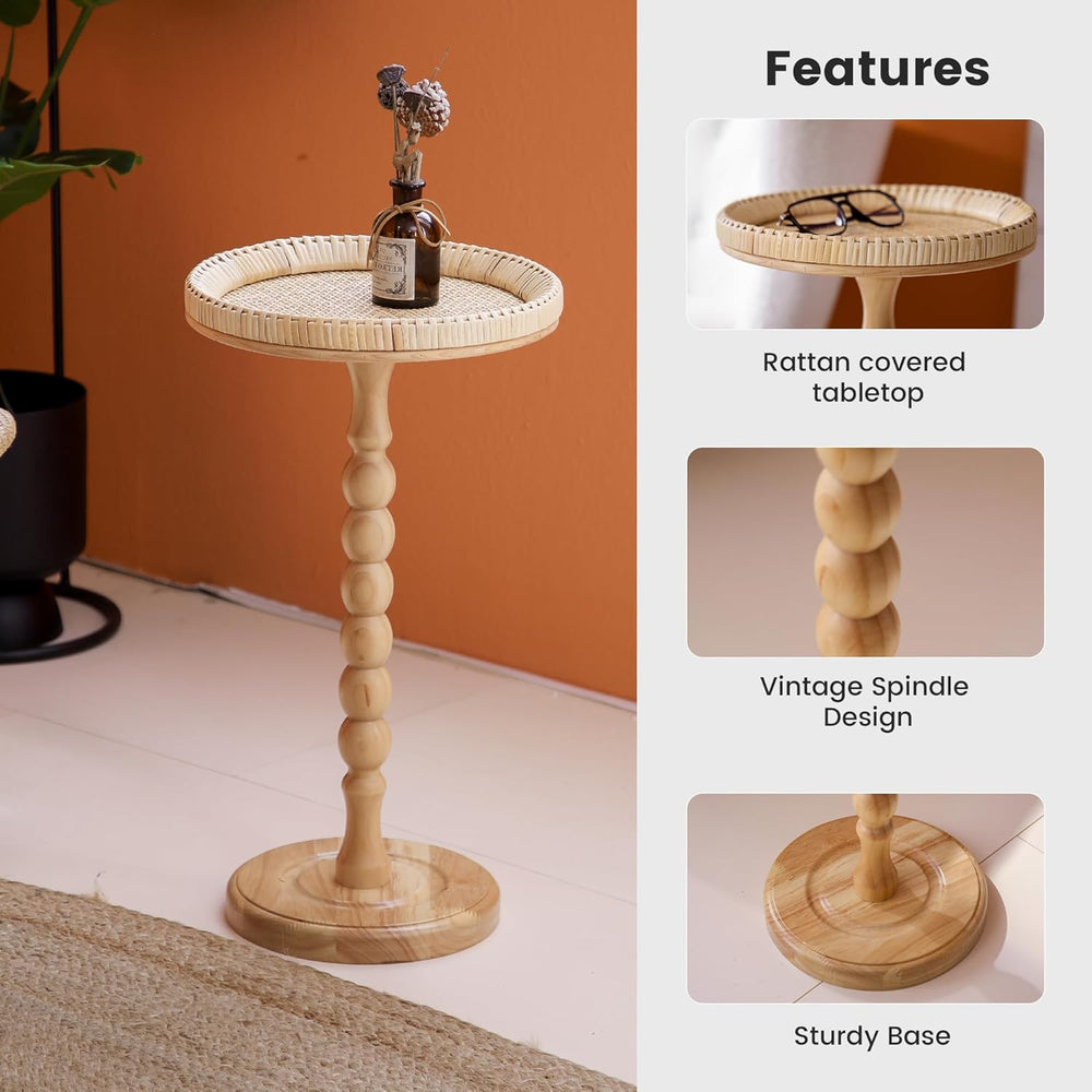 Drink Table，Rattan Round Small Side Table for Small Spaces, Boho Circle End T...