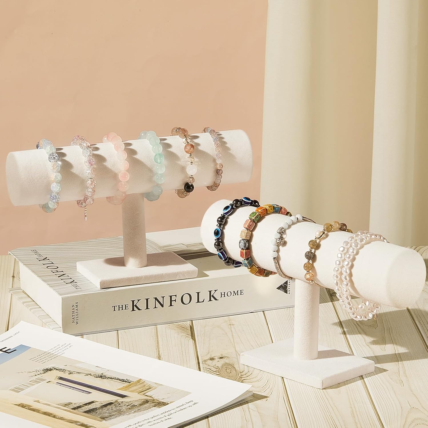 Wenqik 4 Pcs Bracelet Holder Stand Beige Velvet Bracelet Jewelry Display Holder for Vendors Scrunchies Selling Bangle Watch Hair Ties Organizer(Beige)