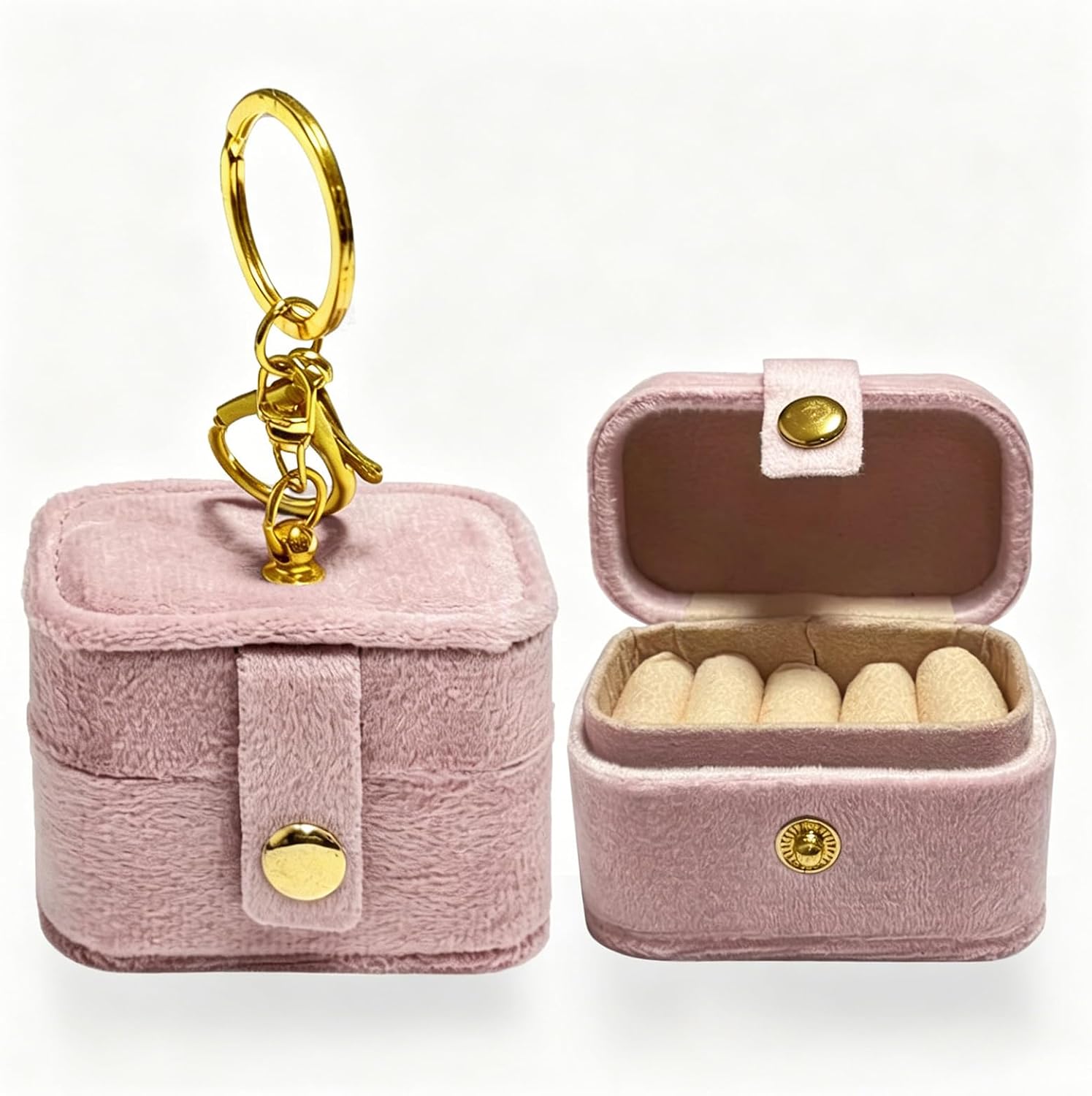 Mini Velvet Ring Box with Keychain Clip, Travel Jewelry Organizer Ring Earrings Storage Box for Proposal Engagement Wedding Ceremony Party, Pet Ring Bearer Accessory, Pink