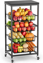 Snack Cart, 5-Tier Kitchen Carts on Wheels with Storage,Fruit Basket Stand with Pull-Out Baskets and Wood Top,Kitchen Organizer for Fruit Vegetable Snack (Black)