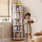 Solid Wood Rotating Bookshelf on Wheels, 5 Tier, Round Revolving Bookcase, 360° Spinning Book Shelf Tower for Kids, Narrow Rolling Bookshelves for Small Space, Corner, Bedroom, Office, White