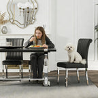Asday 77" Modern Dining Table for 6-8, Black Wooden Dining Table with Silver Polished Stainless Steel U-Shaped Base, Rectangular Kitchen Table for Dining Room, Kitchen & Living Room