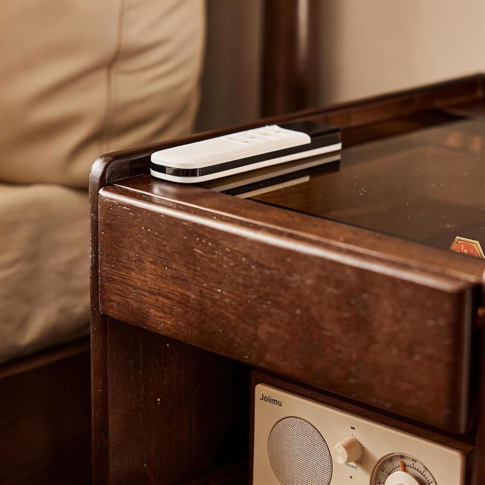 Solid Wood End Table with Glass Top and Drawers, Narrow Nightstand with Pull-...