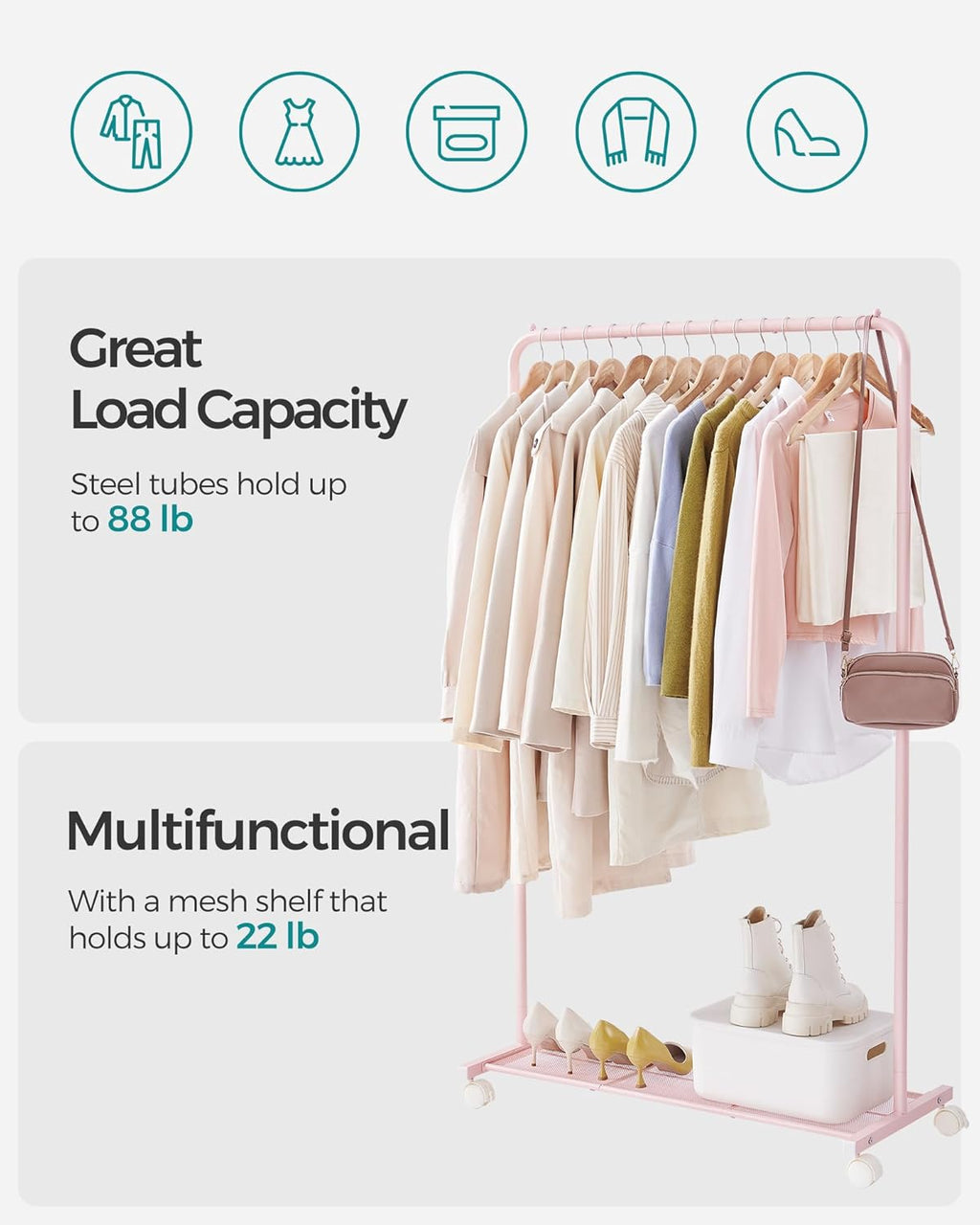 SONGMICS Clothes Rack with Wheels, Clothing Rack for Hanging Clothes, 25.4mm Metal Garment Rack with Dense Mesh Storage Shelf, 110 lb Load Capacity, 2 Brakes, Pink UHSR025P01