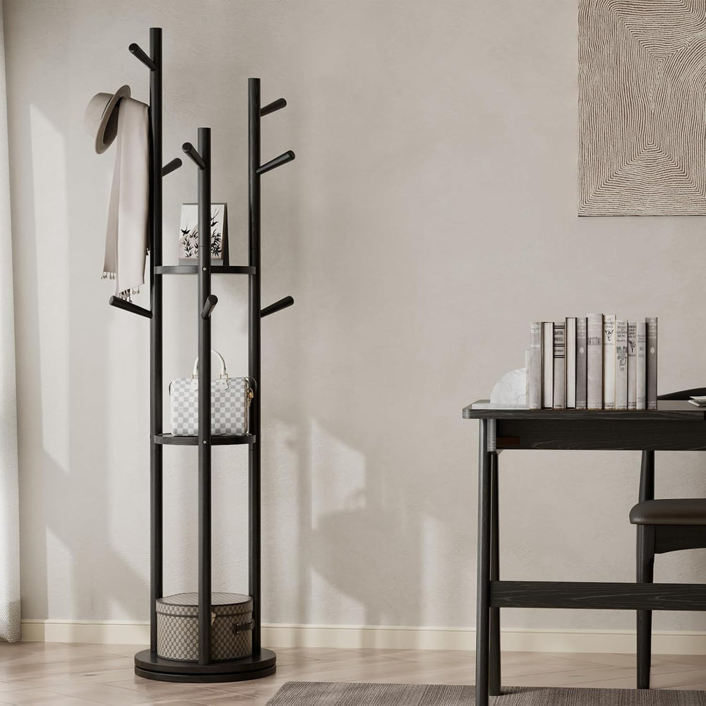 Muwuele Solid Wood Rotary Coat Rack, Freestanding Coat Rack with 3 Shelves an...
