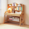 Adjustable Kids Study Desk with Hutch, Solid Wood Legs Children's Writing Table with Storage Shelf & Drawers, Wooden Student Workstation for Boys Girls Bedroom, Homeschool Art & Craft Desk, Natural